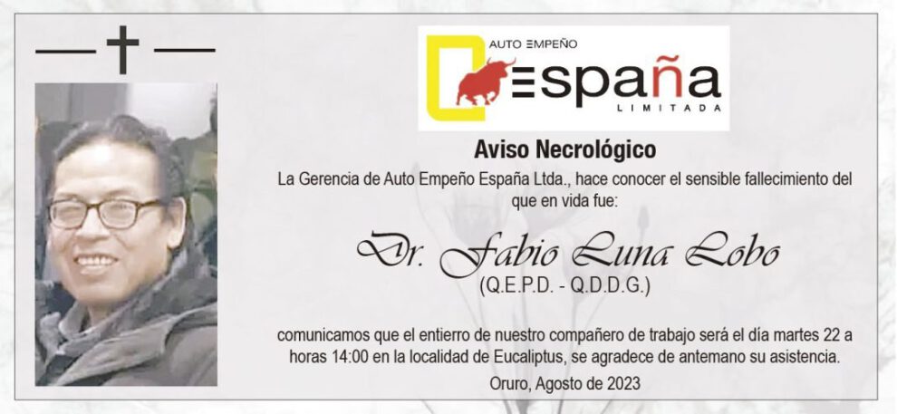 Aviso Necrológico del Dr. Fabio Luna Lobo