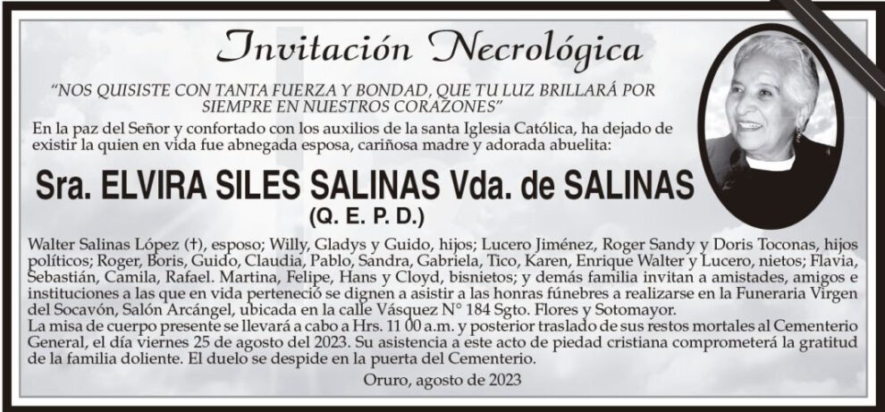 Invitación Necrológica de Elvira Siles Salinas
