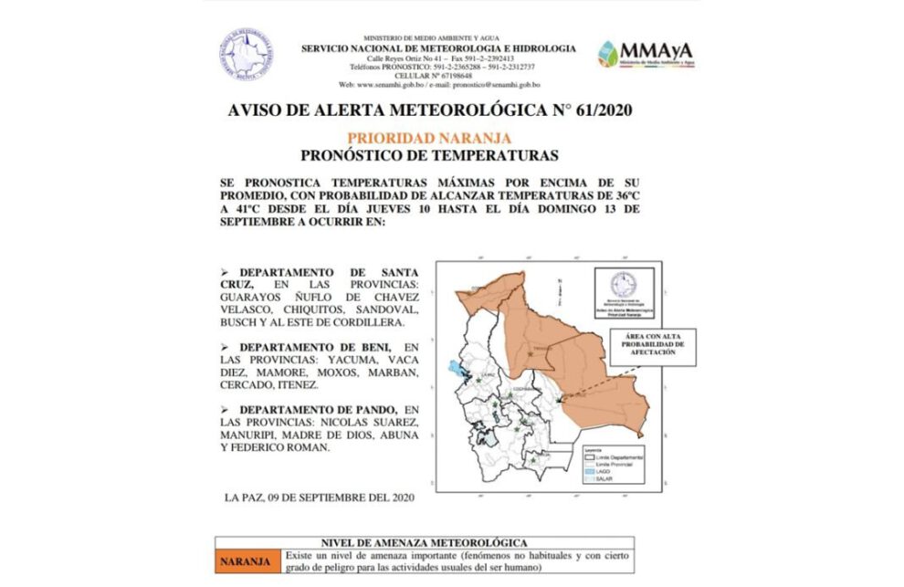 Alerta naranja por altas temperaturas en Santa Cruz, Beni y Pando