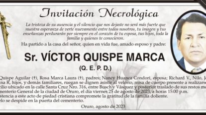 Invitación Necrológica para Víctor Quispe Marca