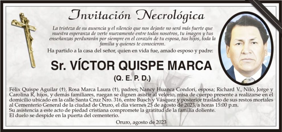 Invitación Necrológica para Víctor Quispe Marca