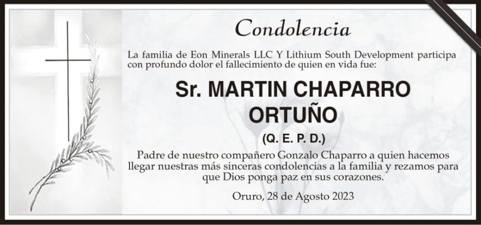Condolencia por el fallecimiento de Martin Chaparro Ortuño