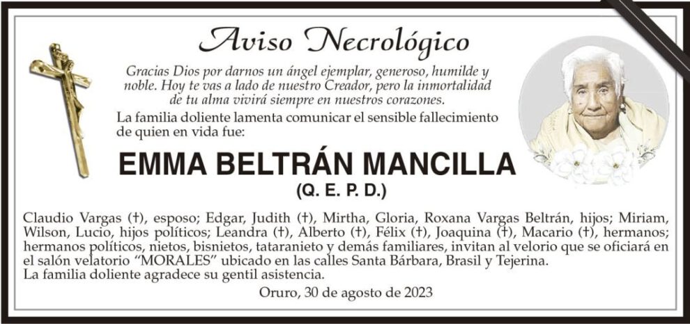 Aviso Necrológico de Emma Beltrán Mancilla