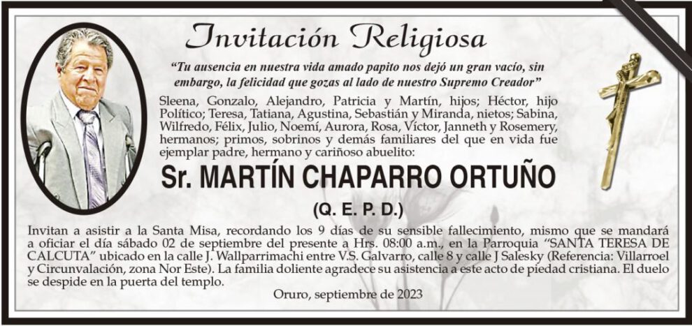 Invitación Religiosa para Martín Chaparro Ortuño
