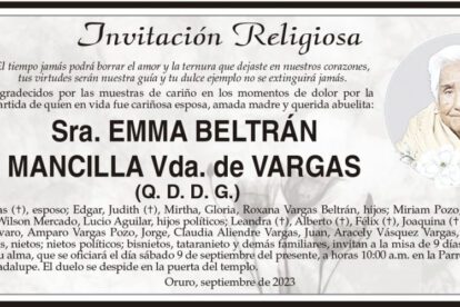 Invitación Religiosa Sra. EmMa Beltrán Mancilla Vda. de Vargas