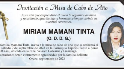 Invitación a Misa de Cabo de Año en memoria de Miriam Mamani Tinta