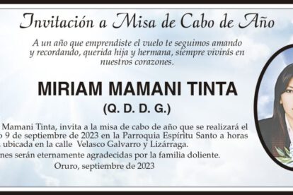 Invitación a Misa de Cabo de Año en memoria de Miriam Mamani Tinta