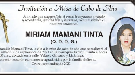 Invitación a Misa de Cabo de Año en memoria de Miriam Mamani Tinta