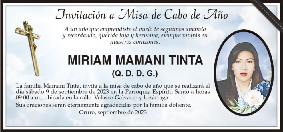 Invitación a Misa de Cabo de Año en memoria de Miriam Mamani Tinta