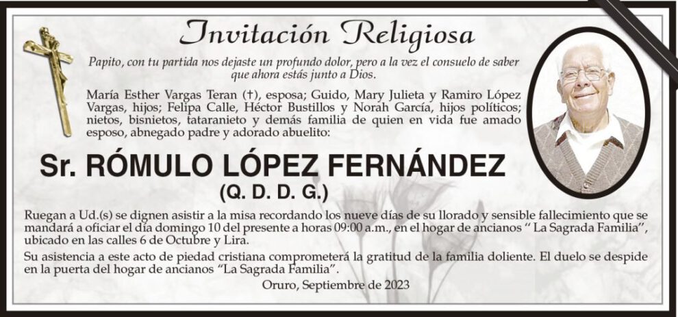 Invitación Religiosa para Rómulo López Fernández