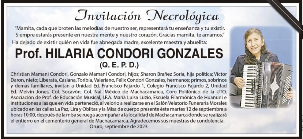Invitación Necrológica: Prof. HILARIA CONDORI GONZALES