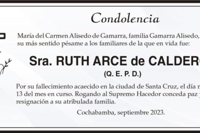 Condolencia por el fallecimiento de Ruth Arce de Calderón