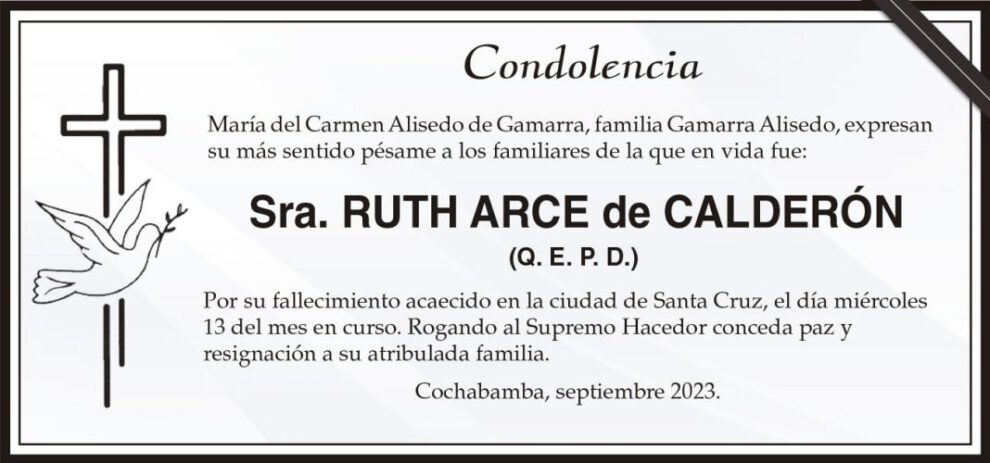 Condolencia por el fallecimiento de Ruth Arce de Calderón