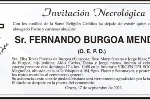 Invitación Necrológica: Sr. Fernando Burgoa Mendivil