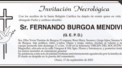 Invitación Necrológica: Sr. Fernando Burgoa Mendivil