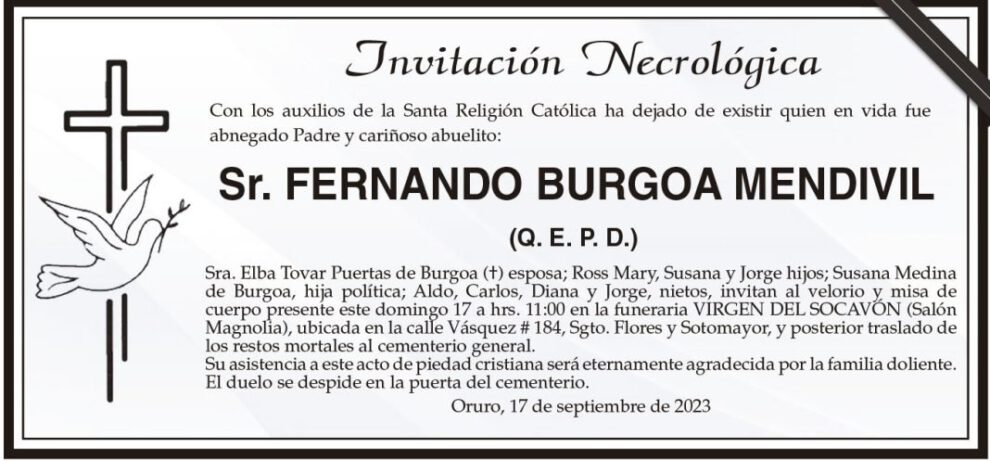 Invitación Necrológica: Sr. Fernando Burgoa Mendivil