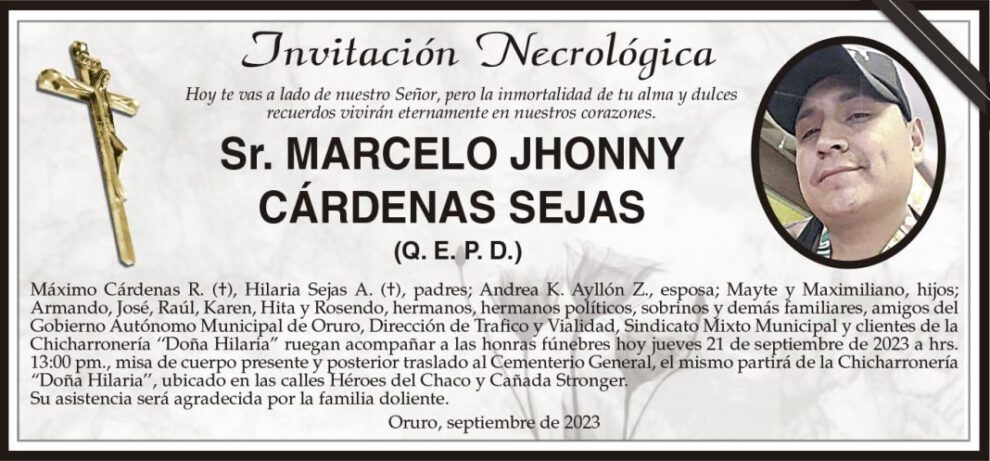 Invitación Necrológica: Marcelo Jhonny Cárdenas Sejas
