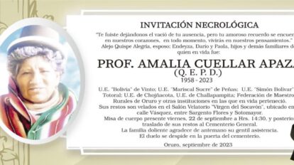 Invitación Necrológica: Prof. Amalia Cuellar Apaza