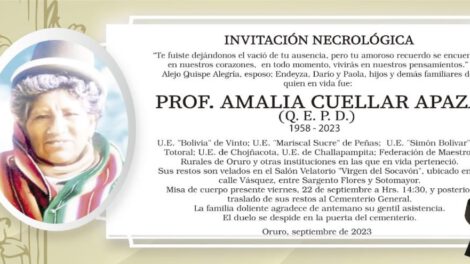 Invitación Necrológica: Prof. Amalia Cuellar Apaza