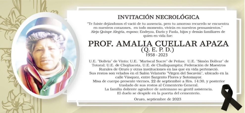 Invitación Necrológica: Prof. Amalia Cuellar Apaza