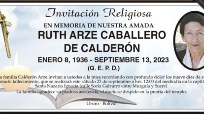 Invitación Religiosa en memoria de Ruth Arze Caballero de Calderón