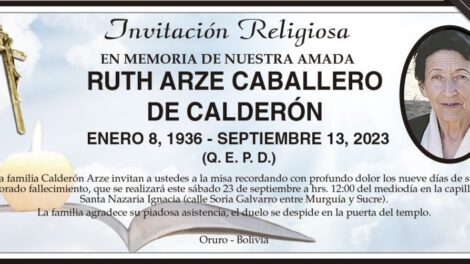 Invitación Religiosa en memoria de Ruth Arze Caballero de Calderón