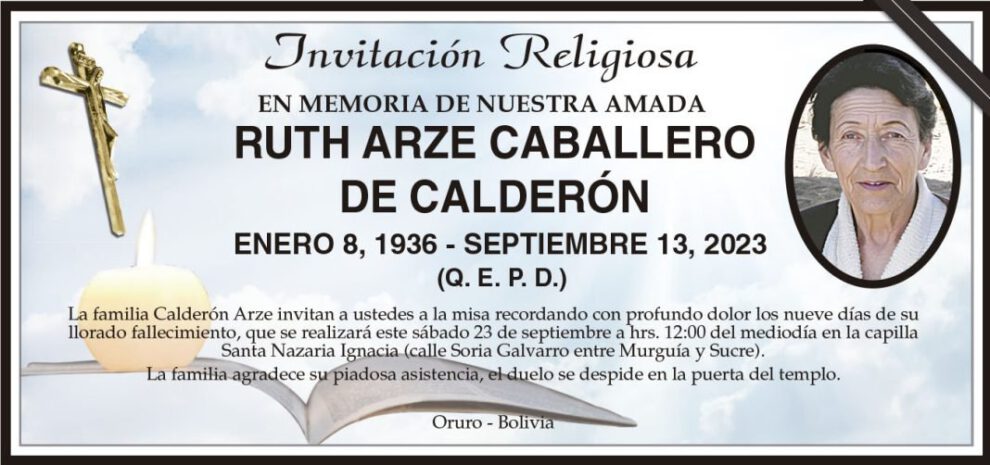 Invitación Religiosa en memoria de Ruth Arze Caballero de Calderón