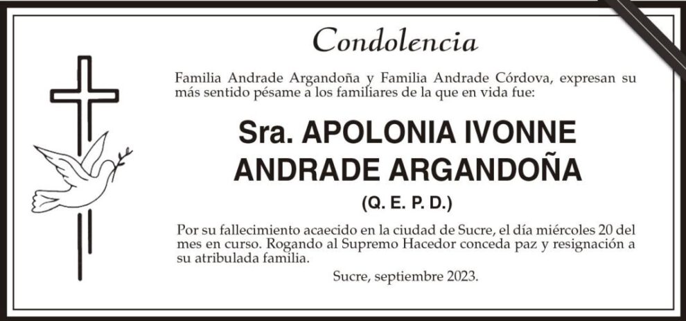 Condolencia por el fallecimiento de Apolonia Ivonne Andrade Argandoña