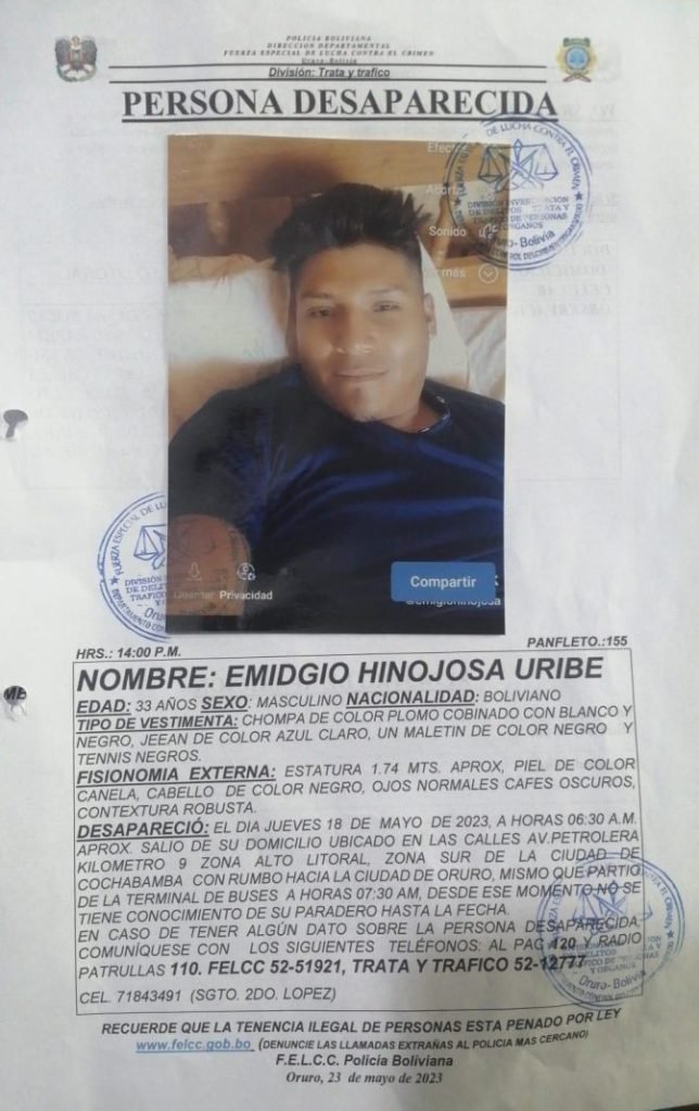 Desapariciones en Japo: Emidgio fue visto por última vez el 18 de mayo en Cochabamba