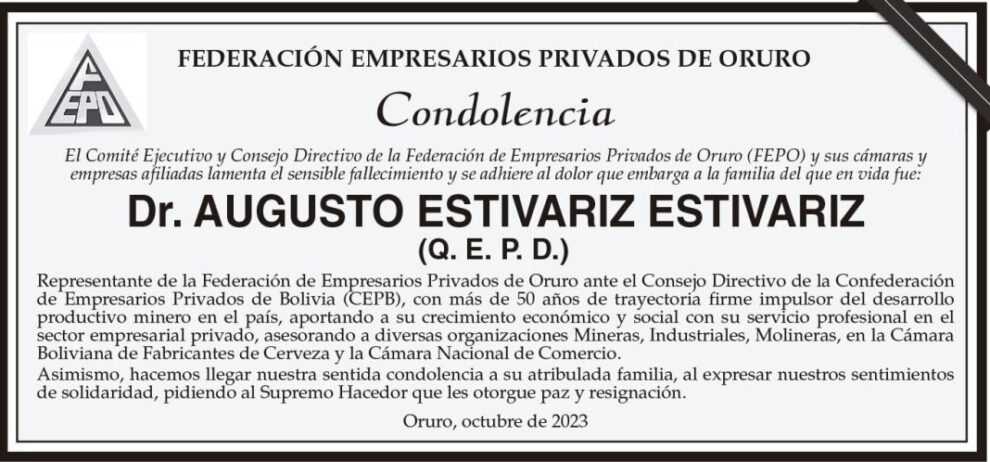 Condolencia por el fallecimiento del Dr. Augusto Estivariz Estivariz