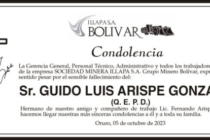 Condolencias por el fallecimiento de Guido Luis Arispe Gonzales