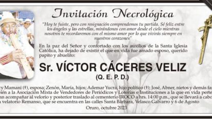Invitación Necrológica: Sr. Víctor Cáceres Veliz (Q. E. P. D.)
