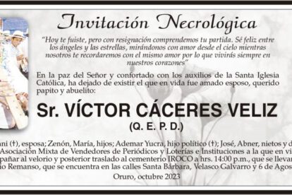 Invitación Necrológica: Sr. Víctor Cáceres Veliz (Q. E. P. D.)