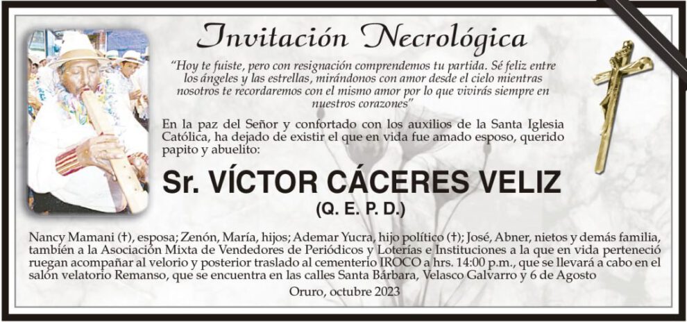 Invitación Necrológica: Sr. Víctor Cáceres Veliz (Q. E. P. D.)