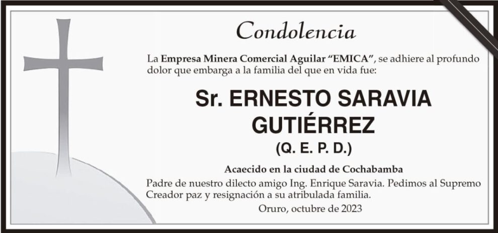 Condolencia por el fallecimiento de Ernesto Saravia Gutiérrez