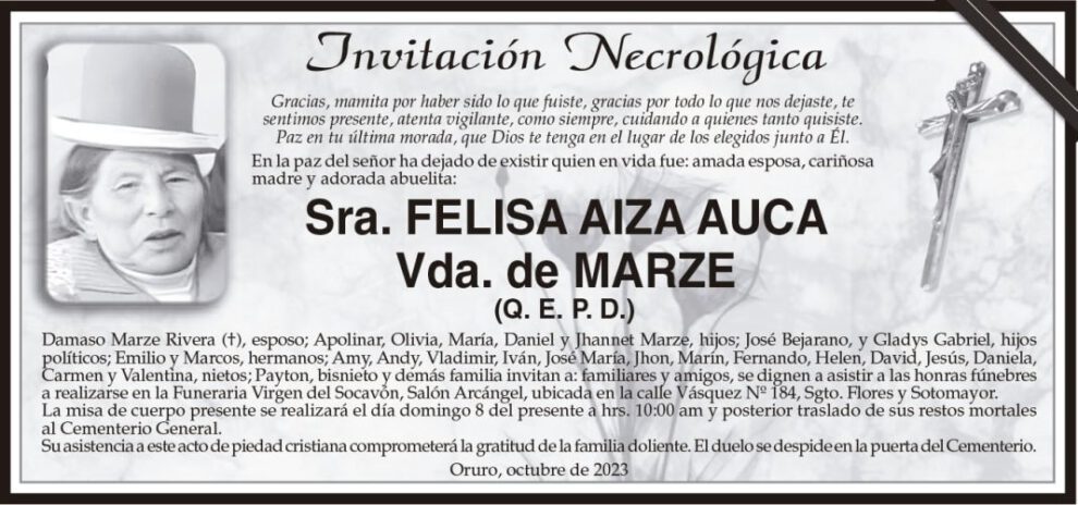 Invitación Necrológica de Felisa Aiza Auca Vda. de Marze
