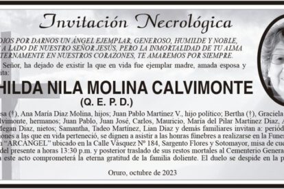 Invitación necrológica de Hilda Nila Molina Calvimonte
