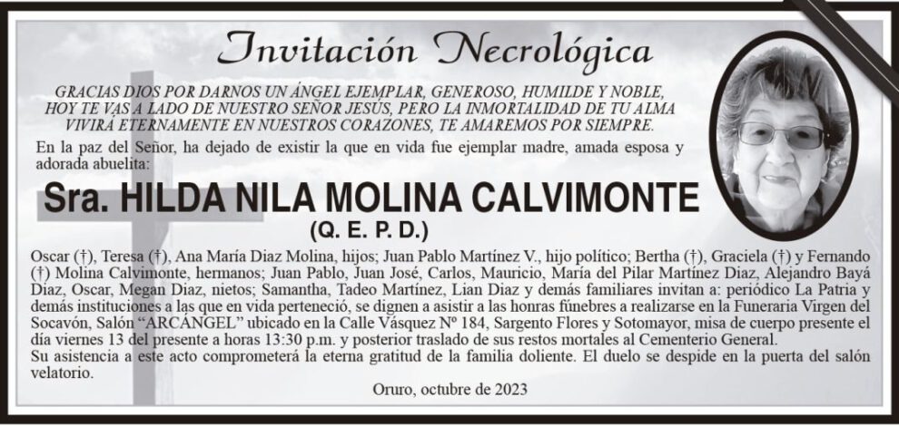 Invitación necrológica de Hilda Nila Molina Calvimonte