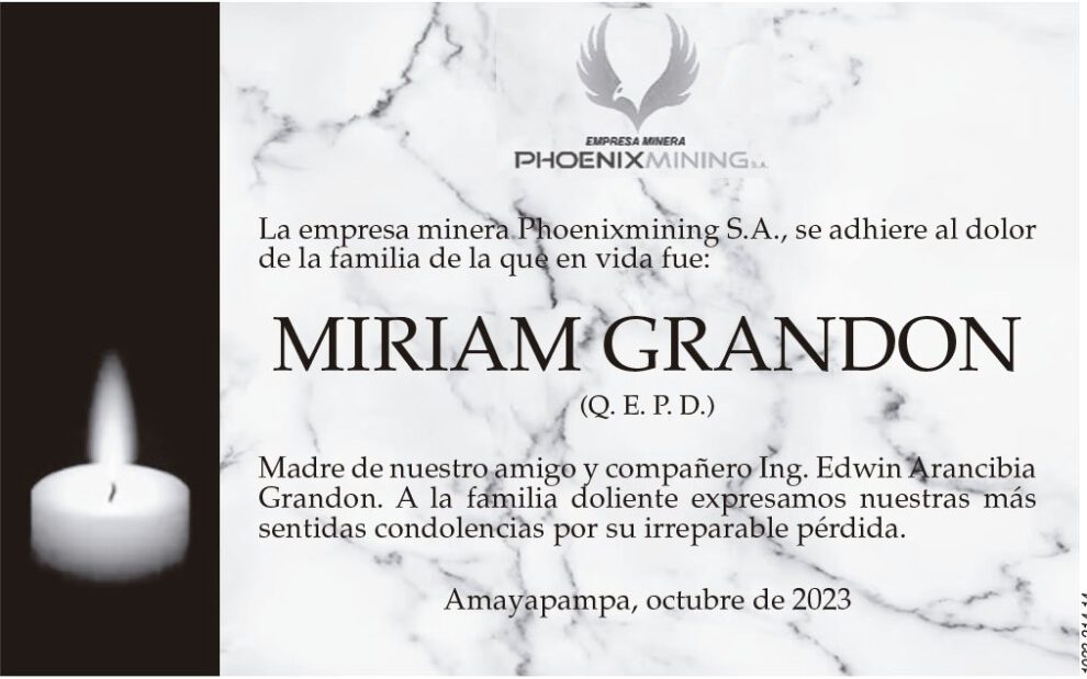 Condolencia por la pérdida de Miriam Grandon