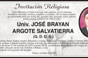 Invitación Religiosa para José Brayan Argote Salvatierra