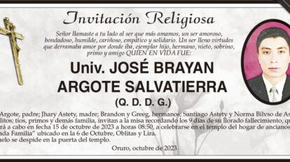 Invitación Religiosa para José Brayan Argote Salvatierra