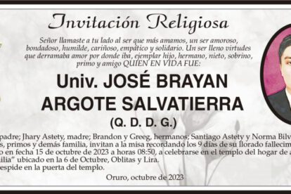 Invitación Religiosa para José Brayan Argote Salvatierra