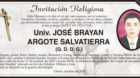 Invitación Religiosa para José Brayan Argote Salvatierra