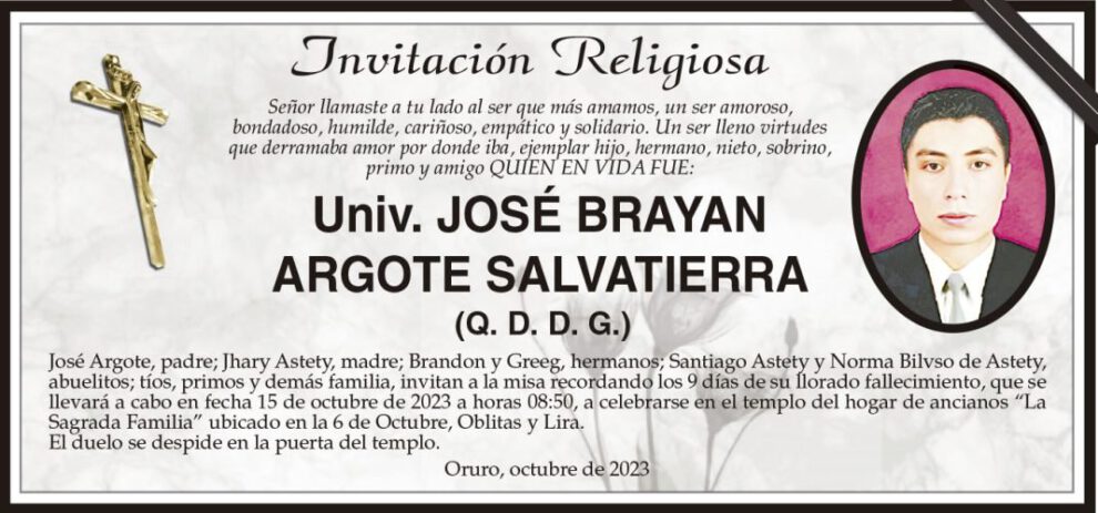 Invitación Religiosa para José Brayan Argote Salvatierra