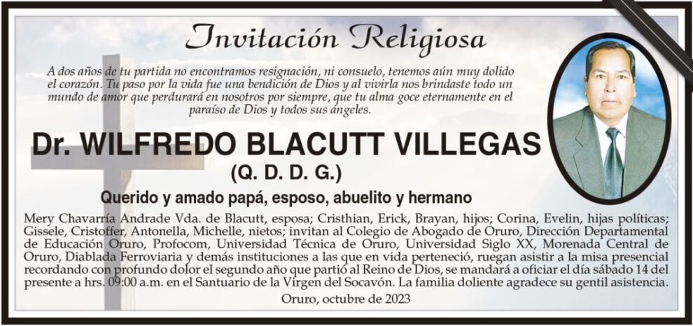Invitación Religiosa para Dr. Wilfredo Blacutt Villegas