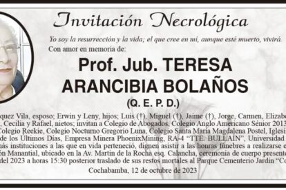 Invitación Necrológica: Prof. Jub. Teresa Arancibia Bolaños