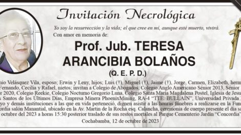 Invitación Necrológica: Prof. Jub. Teresa Arancibia Bolaños