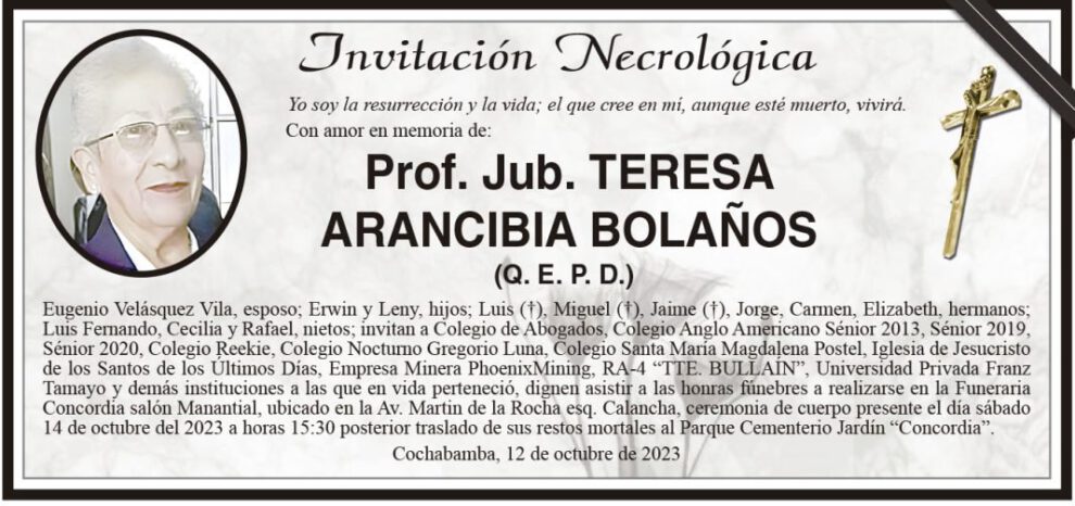 Invitación Necrológica: Prof. Jub. Teresa Arancibia Bolaños