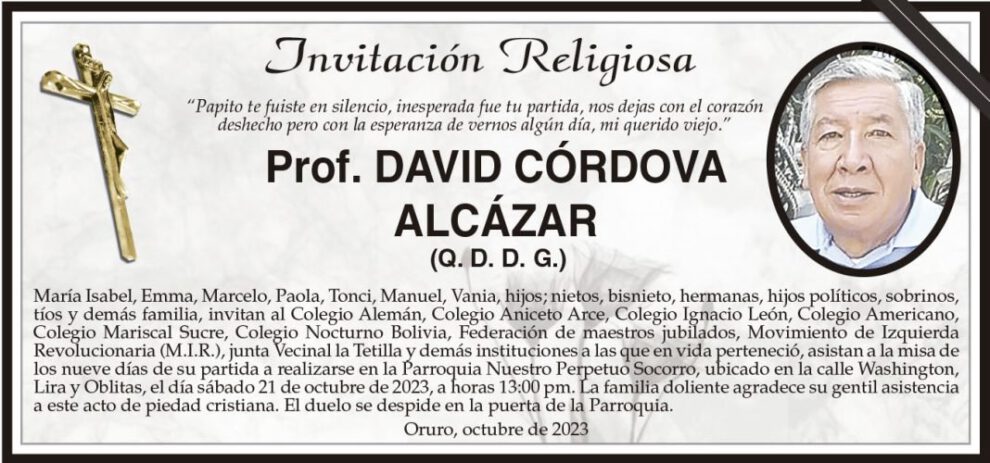 Invitación religiosa para Prof. David Córdova Alcázar
