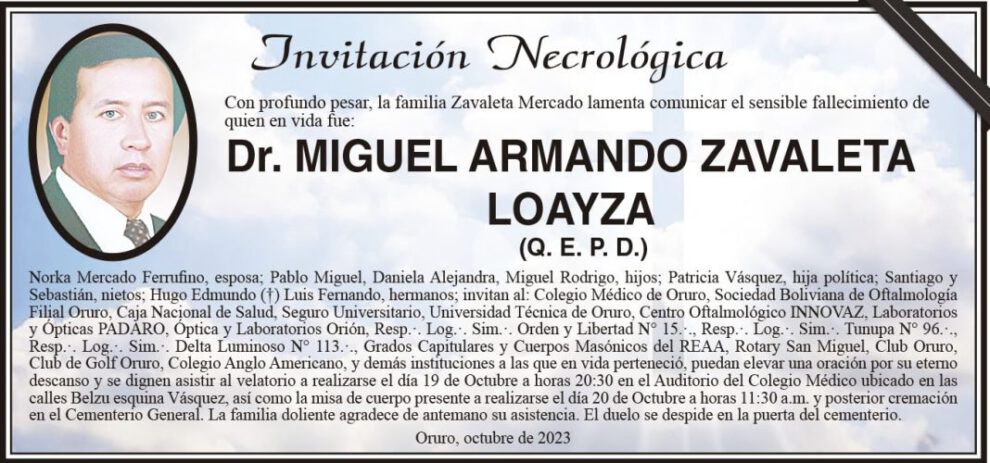 Invitación Necrológica: Dr. Miguel Armando Zavaleta Loayza